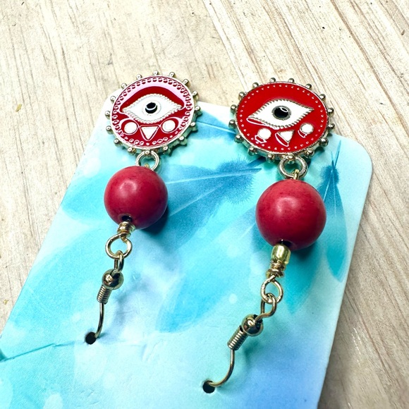 Red and Gold hand crafted evil eye earrings - Picture 4 of 4